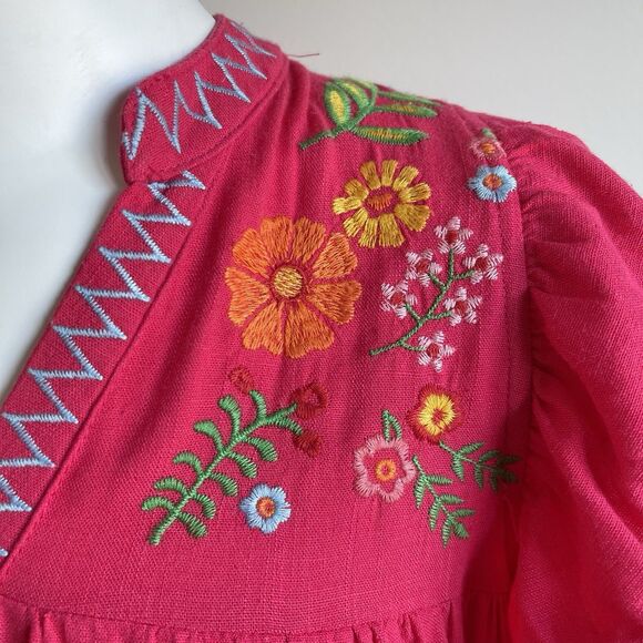 Umgee Floral Embroidered Boho Linen Blend A-line Dress Pom Pom Trim Pink - Small - Picture 4 of 12